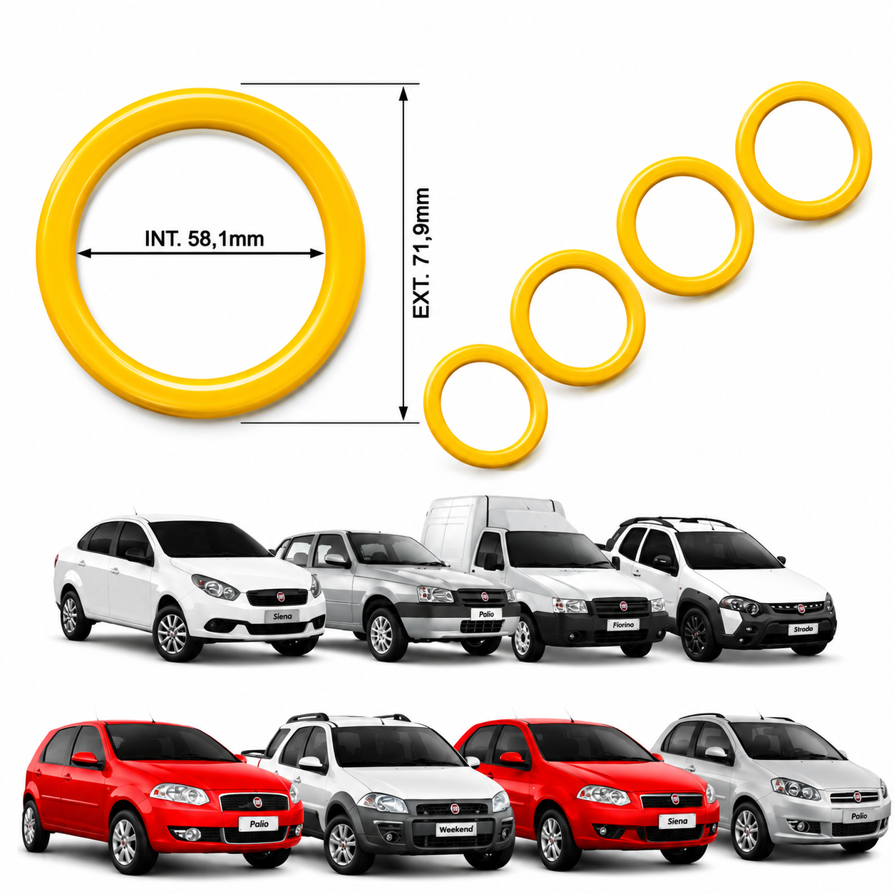 Kit 4 Anel Centralizador de Roda Universal Todos Fiat E Alfa Romeo 71.9 X 58.1mm Cor Amarelo - Imagem 6