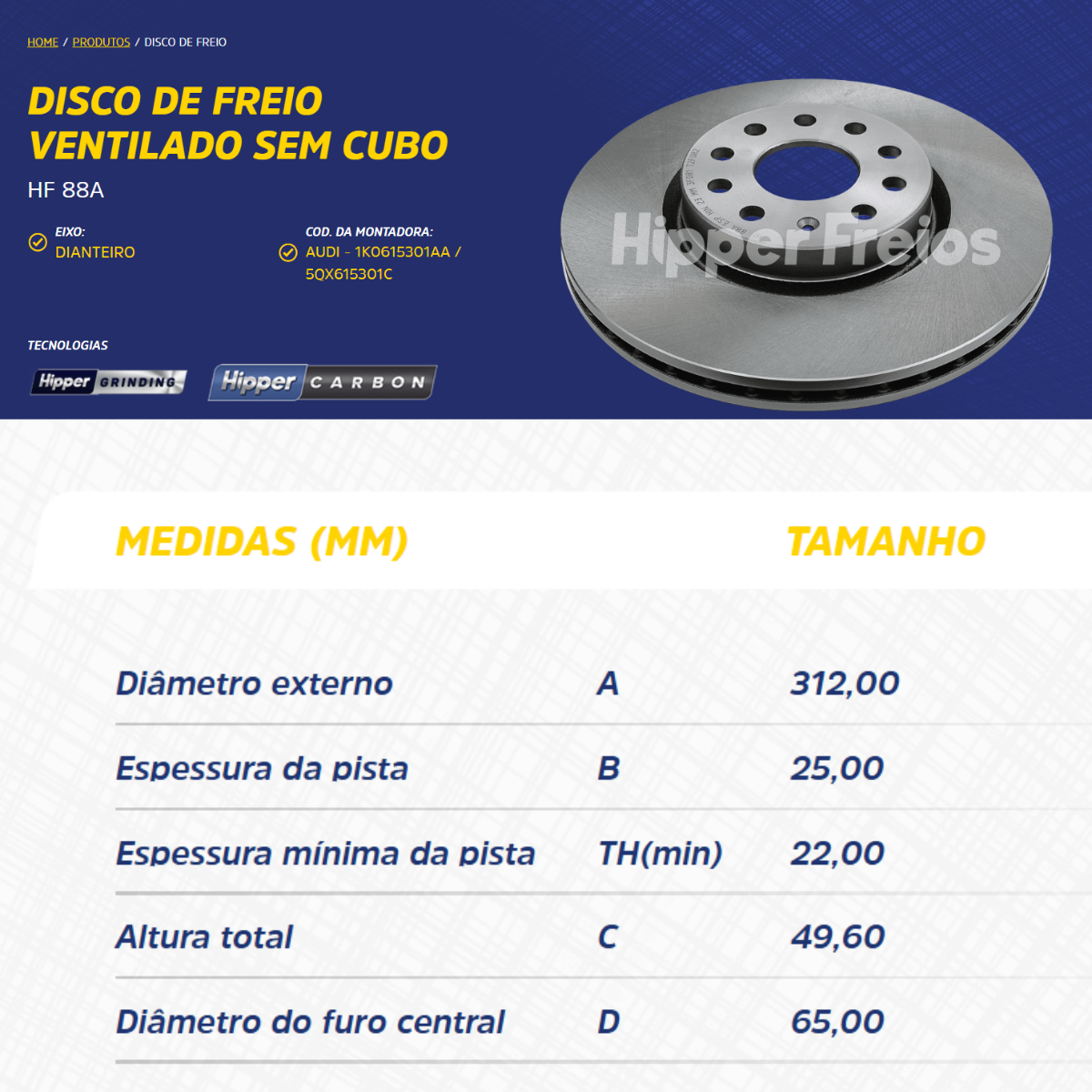 Par Disco de Freio Audi A3 Audi tt Audi Q3 Eos Golf New Beatle Jetta Tiguan Hf88a 312mm 5 Furos - Imagem 2
