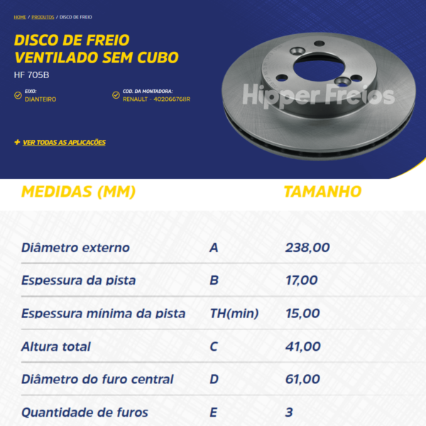 Alternative view of Par Disco de Freio Kwid Ventilado 238mm HF705B 3 Furos